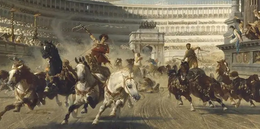 <strong>알렉산더 폰 바그너</strong> 作 경마장의 전차 경주 (The Chariot Race in the Hippodrome) 1882년 . 고대로마나 동로마제국(비잔틴 제국) 할 것없이 로마 시민들은 빵과 전차경주없이 살 수 없다는 말이 있을 정도로 이 격렬한 스포츠에 열광했다. 당시 최고의 기수는 평생동안 지금 돈으로 수천억원을 벌었다고 하니 입이 떡 벌어지지 않을 수 없다. 